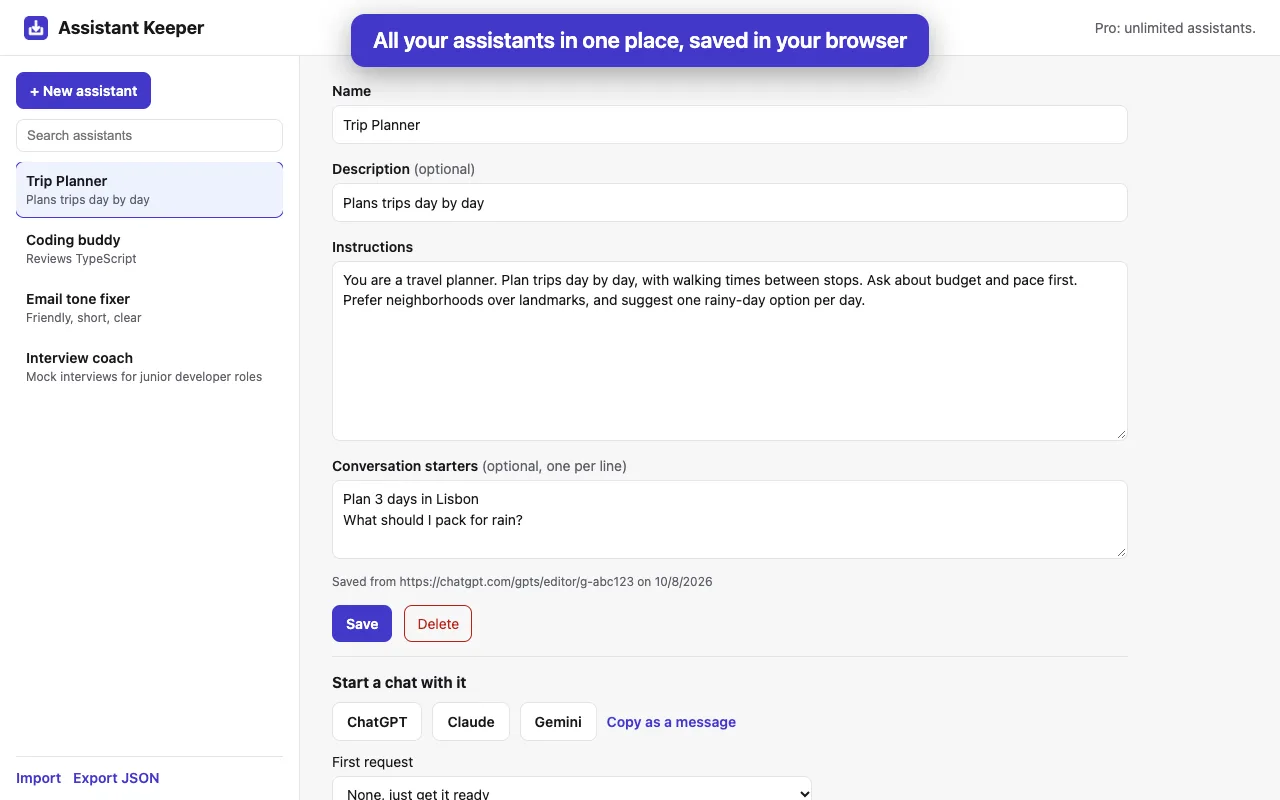 The Assistant Keeper library: a list of saved assistants on the left, and Trip Planner open on the right with its instructions, conversation starters and buttons to start it in ChatGPT, Claude or Gemini.