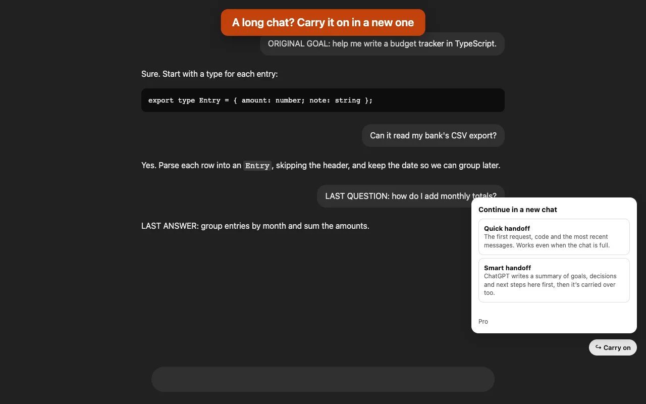 A long ChatGPT chat with the Carry On panel open, offering a quick handoff and a smart handoff.