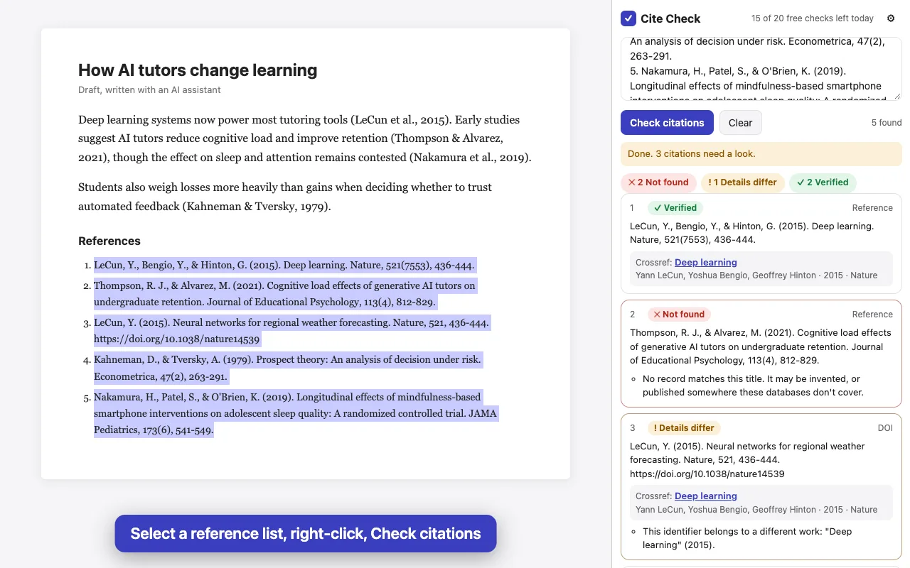 A draft with its reference list selected, and the Cite Check panel listing each source: two verified, two not found, and one where the DOI belongs to a different paper.