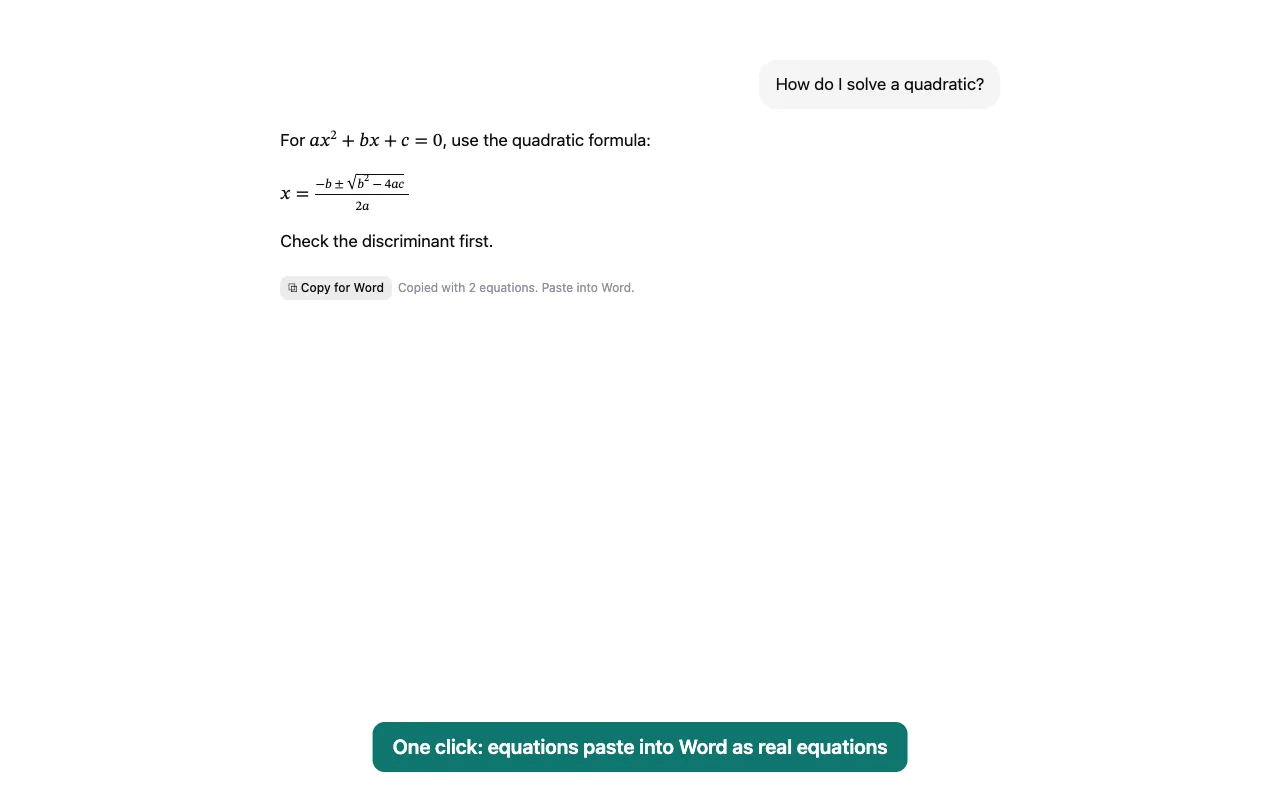 A ChatGPT answer with the quadratic formula and a Copy for Word button that reports two equations copied.