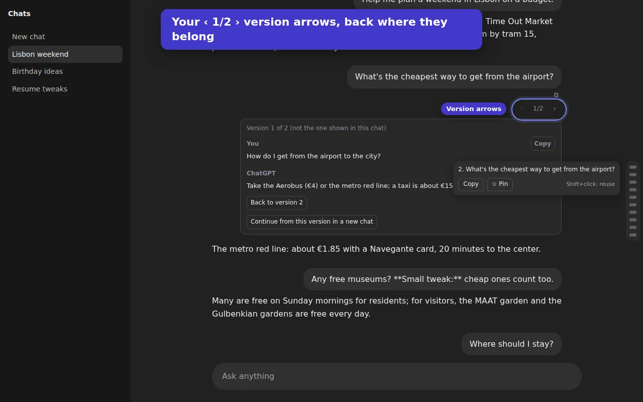 A ChatGPT chat with ‹ 1/2 › arrows under an edited prompt, and the earlier version of the prompt and its answer shown in place.