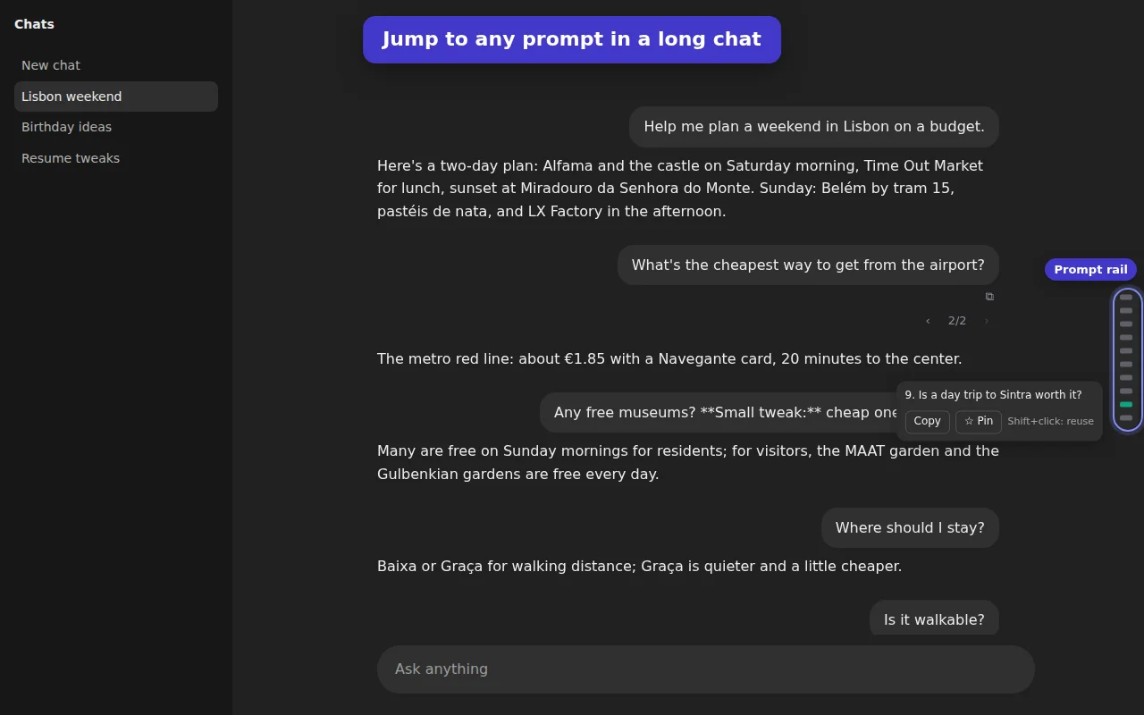 The prompt rail on the right edge of ChatGPT, with a tooltip showing prompt 9 of the chat.