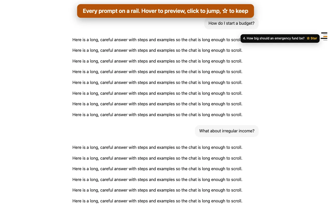 A long ChatGPT chat with Prompt Rail's marks on the right edge; hovering one shows the prompt and a Star button.