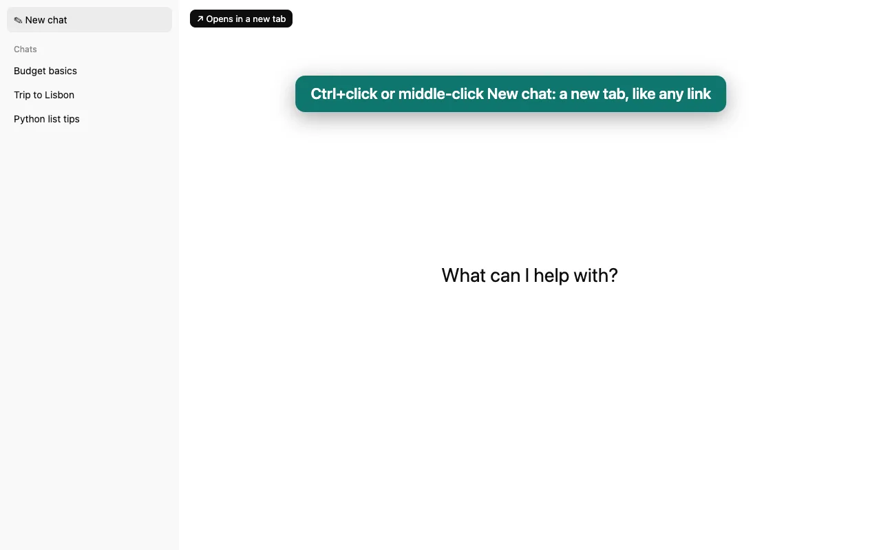 ChatGPT's sidebar with a note that Ctrl+click or middle-click on New chat opens a new tab.