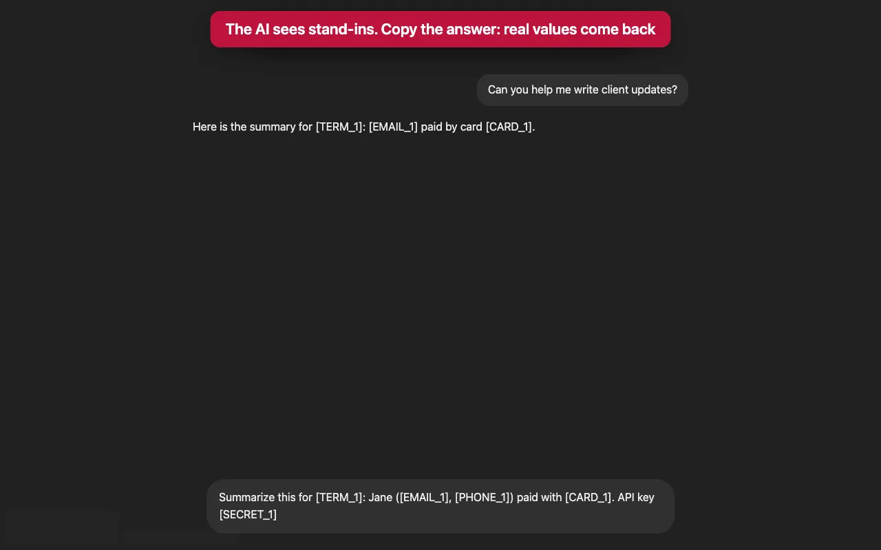 The chat after pasting with stand-ins: the message box shows [TERM_1], [EMAIL_1] and [CARD_1] instead of the real values.