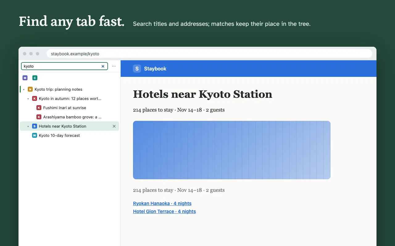 Searching the panel for kyoto: matching tabs stay in their place in the tree.