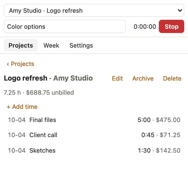 One project's time entries in the panel, each with its duration and amount.