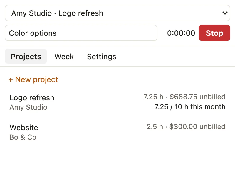 Timecomb in Chrome's side panel: a running timer for Amy Studio's logo refresh, and two projects with their unbilled hours and amounts.
